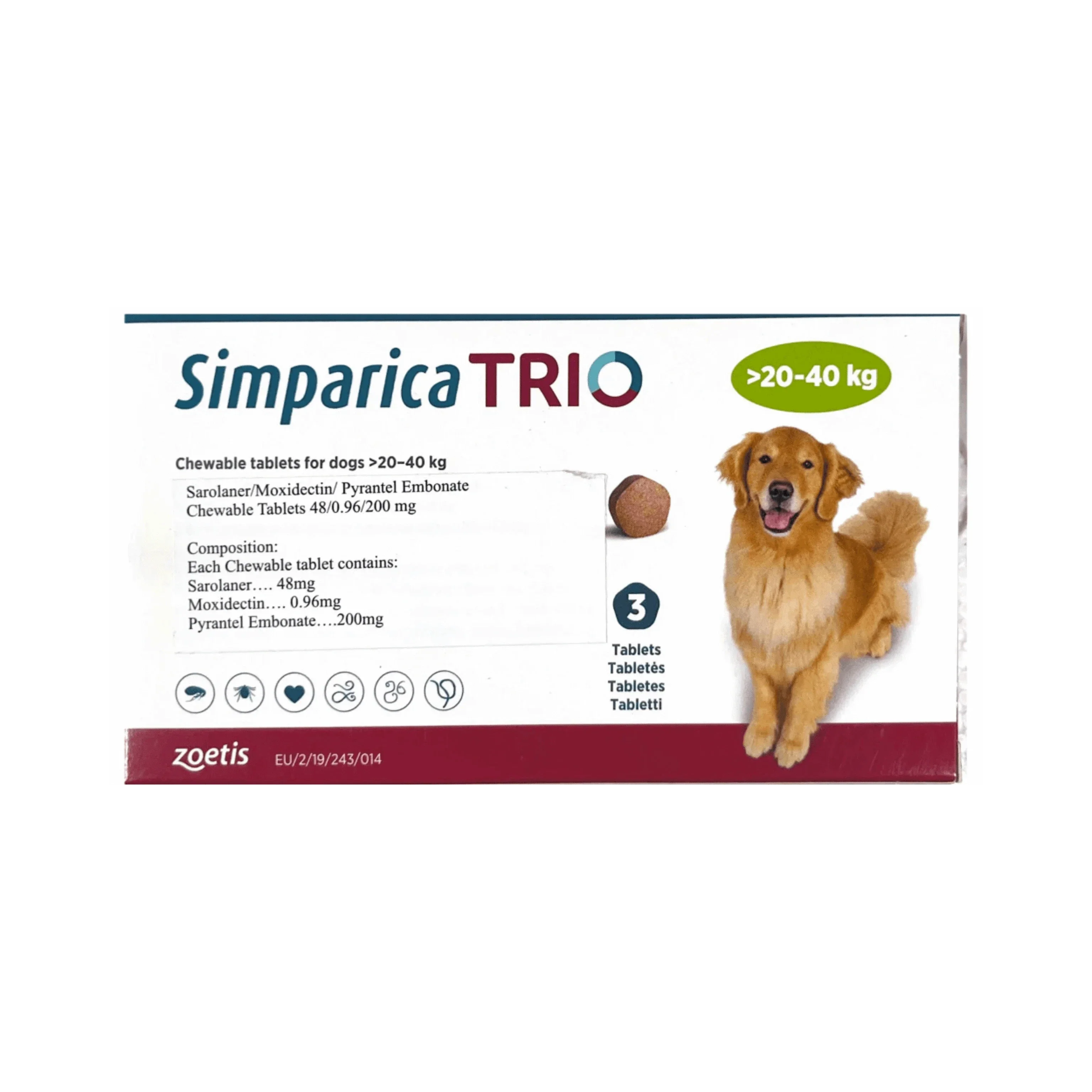 Simparica Trio Chewable Tick & Flea Tablet for Dogs (>20–40 kg) (L)(3 pills)