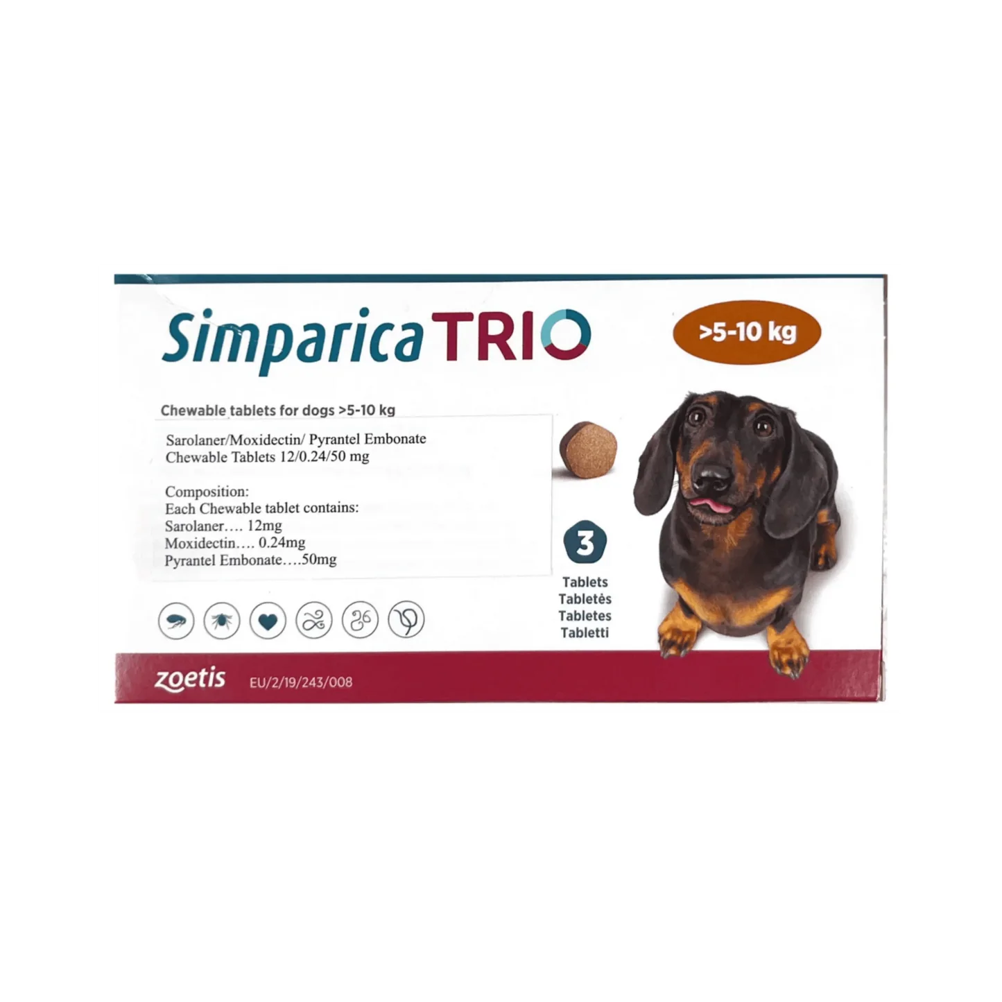 Simparica Trio Chewable Tick & Flea Tablet for Dogs (>5–10 kg) (S)(3 pills)